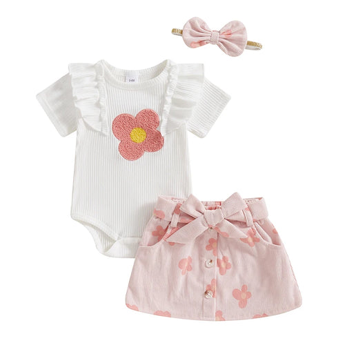 Load image into Gallery viewer, Adorable Baby Girl Floral Print Romper with Matching Skirt and Headband Set for Summer Outings and Photoshoots
