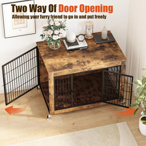 Load image into Gallery viewer, 32 Inch Dog Crate Furniture with Cushion, Wooden Double Doors Kennel Cage Indoor with Wheels, Pet House Decorative Side
