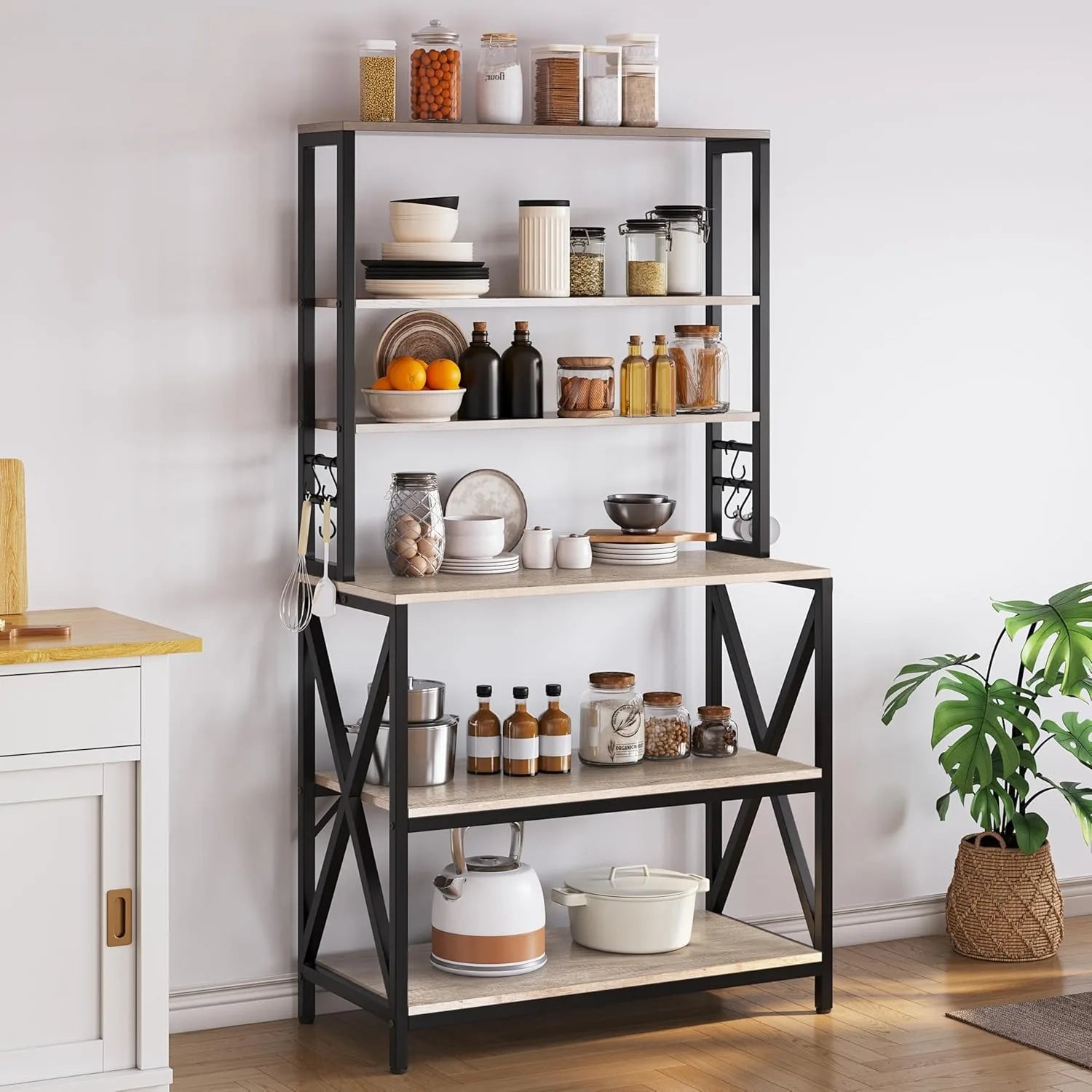 6-Tier Kitchen Bakers Rack, 31.5 Inch Coffee Bar Table, Farmhouse Microwave Oven Stand Cabinet for Small Spaces,Corner Organizer