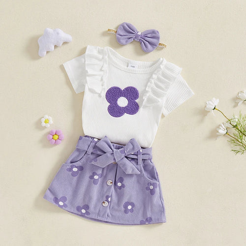Load image into Gallery viewer, Adorable Baby Girl Floral Print Romper with Matching Skirt and Headband Set for Summer Outings and Photoshoots
