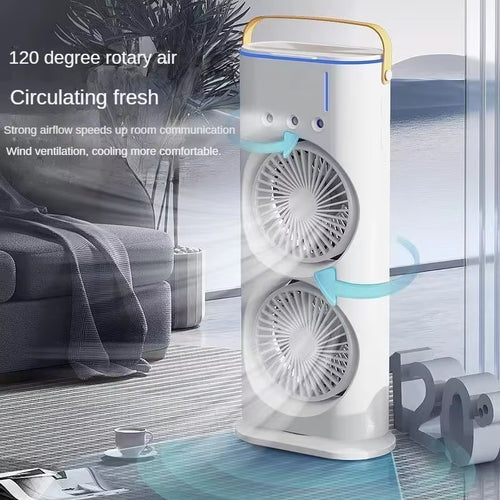 Load image into Gallery viewer, BreezeGlow™ 2-in-1 Dual Mist Cooling Fan – Chill, Hydrate &amp; Light Up Your Space
