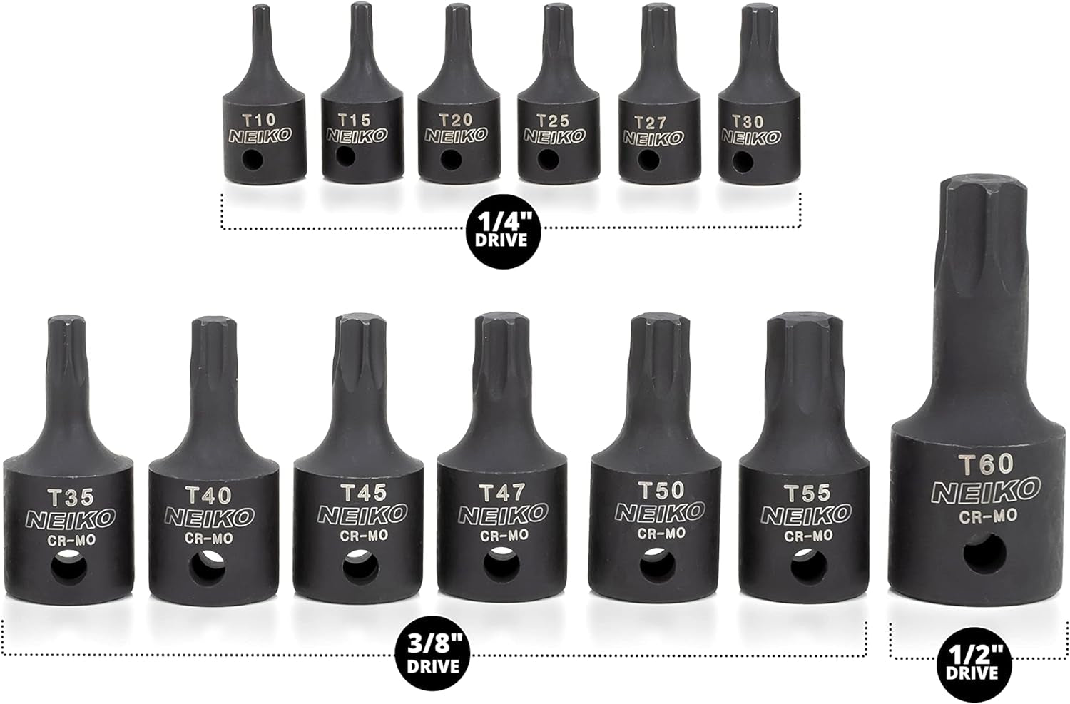 10281B Impact Torx Bit Socket Set 13 Piece 6 Point Star Sockets Heavy Duty Impact Grade Cr-Mo T10 to T60 High Impact ABS Blow Molded Storage Case
